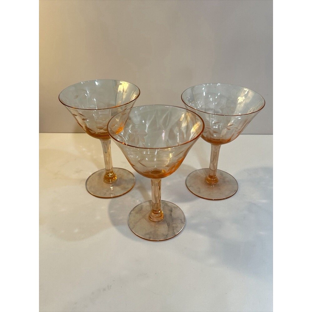 3 Vtg Pink Optic Etched Flowers Champagne Glasses Coordinating Not Matching